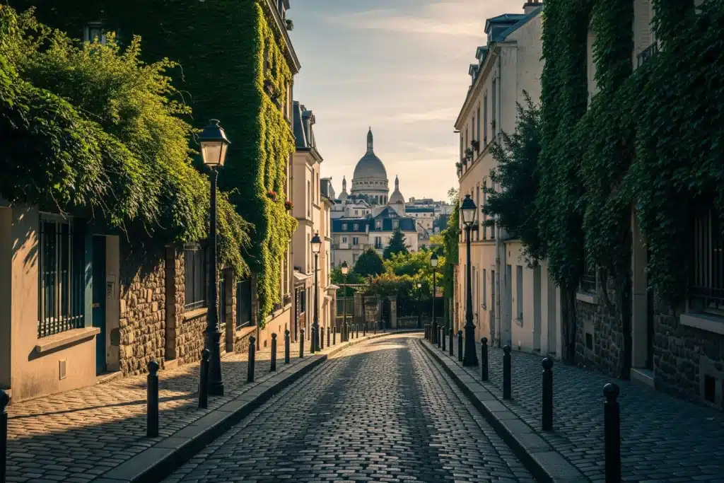 Quartiers de Paris, ruelle pavée de Montmartre avec vue sur le Sacré-Cœur