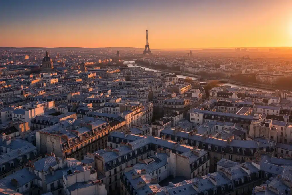Que faire à Paris, vue sur les toits de Paris avec la Tour Eiffel au coucher du soleil