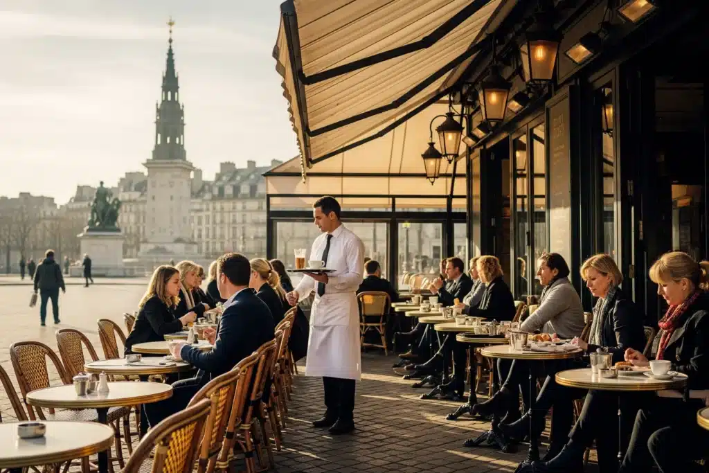Terrasse de café animée à Paris avec vue sur un monument, pour sortir aujourd'hui dans la capitale