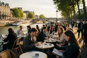 Terrasse de café animée à Paris en semaine, vue sur la Seine