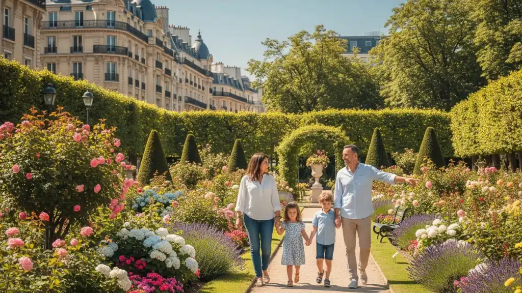 Famille avec enfants profitant d'un jardin public parisien, jeux et fontaine en été