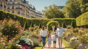 Famille avec enfants profitant d'un jardin public parisien, jeux et fontaine en été