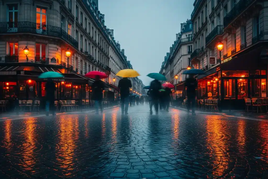 Rue parisienne sous la pluie avec parapluies colorés et reflets sur les pavés mouillés