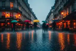 Rue parisienne sous la pluie avec parapluies colorés et reflets sur les pavés mouillés