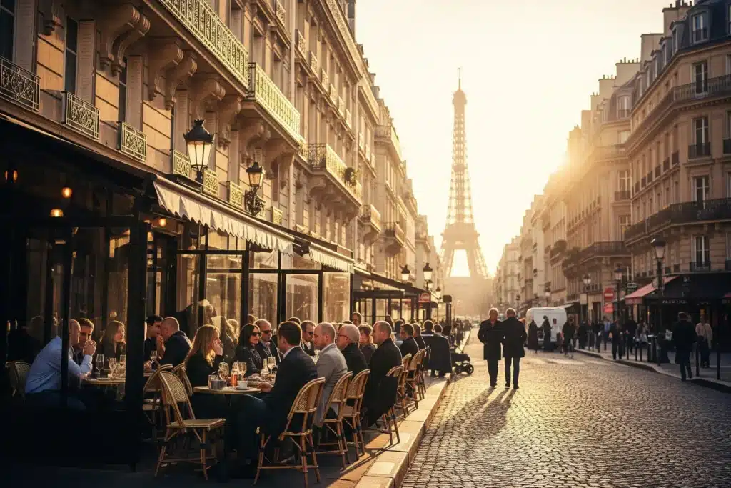 Terrasse de café parisienne animée au coucher du soleil avec la tour Eiffel en arrière-plan