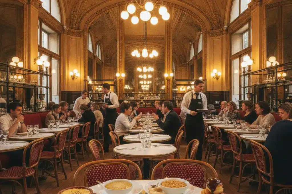 Intérieur bouillon parisien - salle Belle Époque Grande salle d'un bouillon parisien Belle Époque, dorures et convives