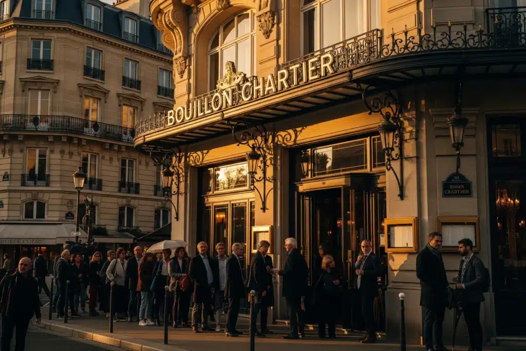 Façade d'un bouillon parisien Belle Époque avec file d'attente de Parisiens