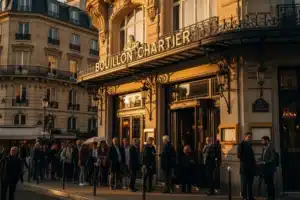 Façade d'un bouillon parisien Belle Époque avec file d'attente de Parisiens