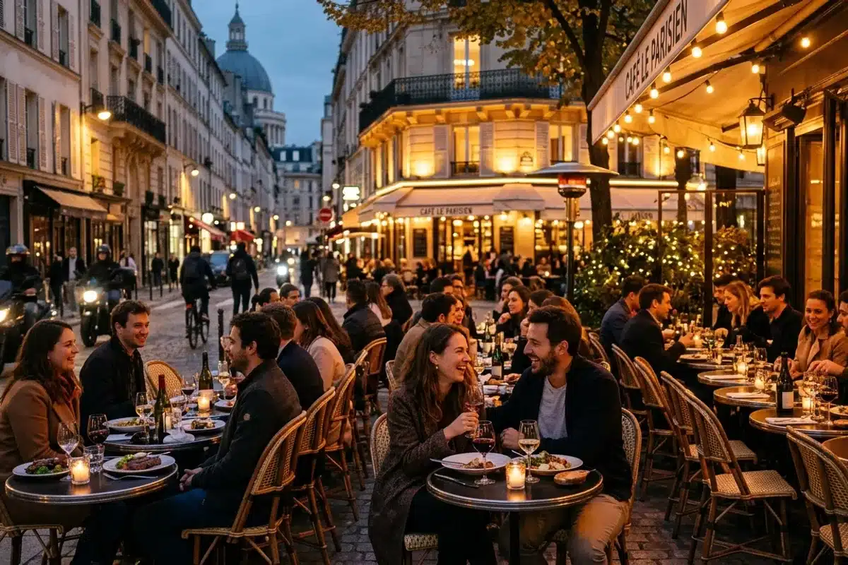 Terrasse de restaurant à Paris en soirée Terrasse animée d'un restaurant parisien un soir de semaine