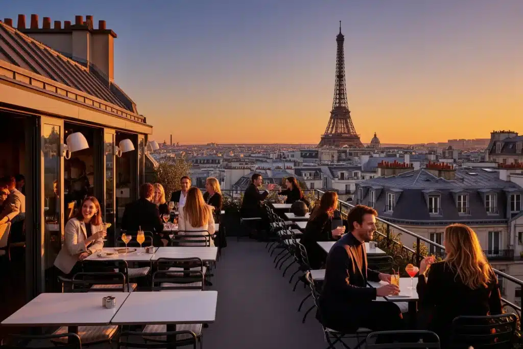 Rooftop à Paris au coucher du soleil avec vue sur les toits et la Tour Eiffel