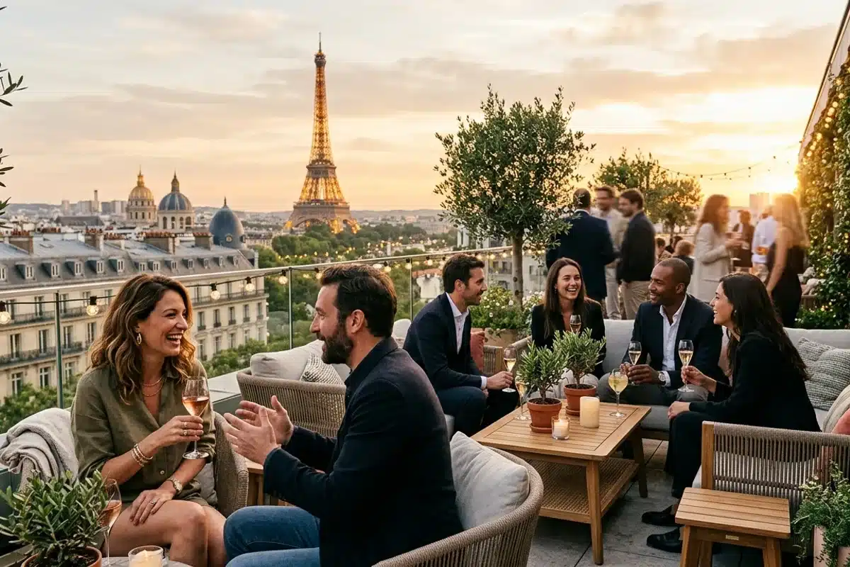 Terrasse rooftop à Paris Terrasse rooftop élégante à Paris avec mobilier lounge et personnes au coucher du soleil