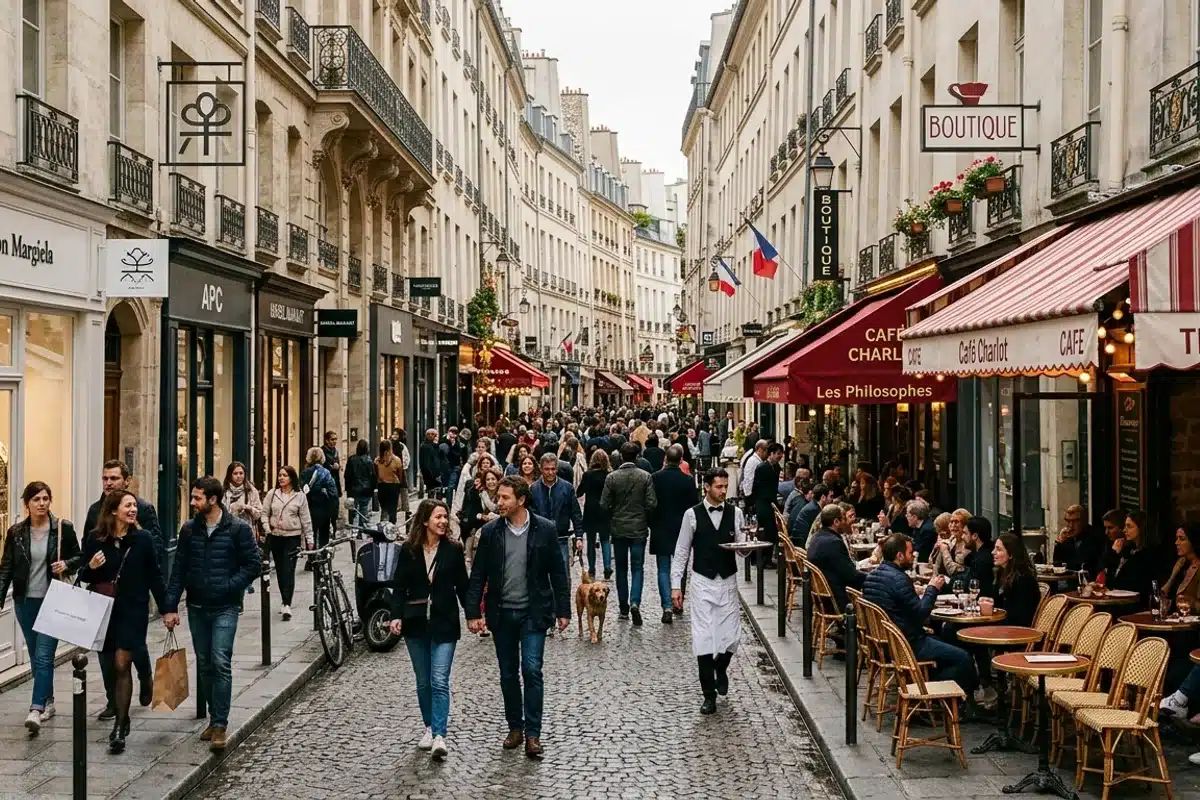 Rue étroite et animée du Marais à Paris avec boutiques et terrasses