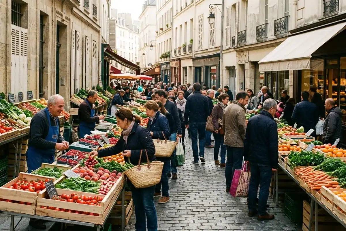 Marché de la rue Mouffetard, quartier latin Paris Étals colorés d'un marché parisien sur rue pavée, vendeurs et acheteurs, légumes et fruits frais