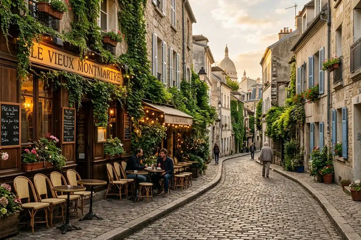 Ruelle pavée de Montmartre Ruelle pavée et calme de Montmartre avec façades couvertes de lierre et terrasse