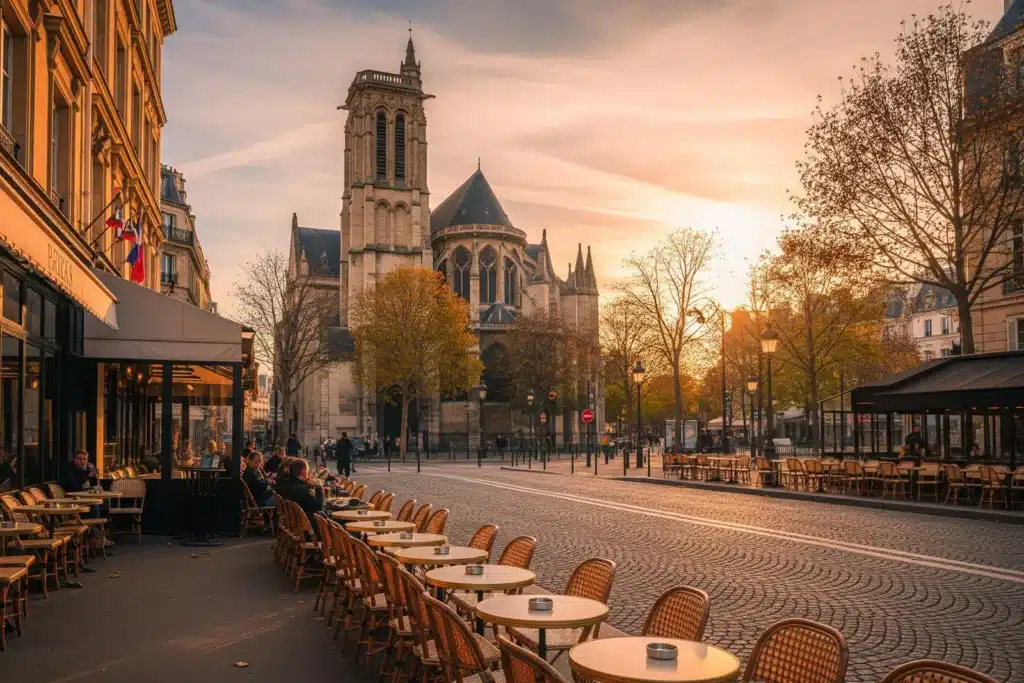 Boulevard Saint-Germain avec l'église abbatiale en arrière-plan et terrasses de café, Paris 6e arrondissement