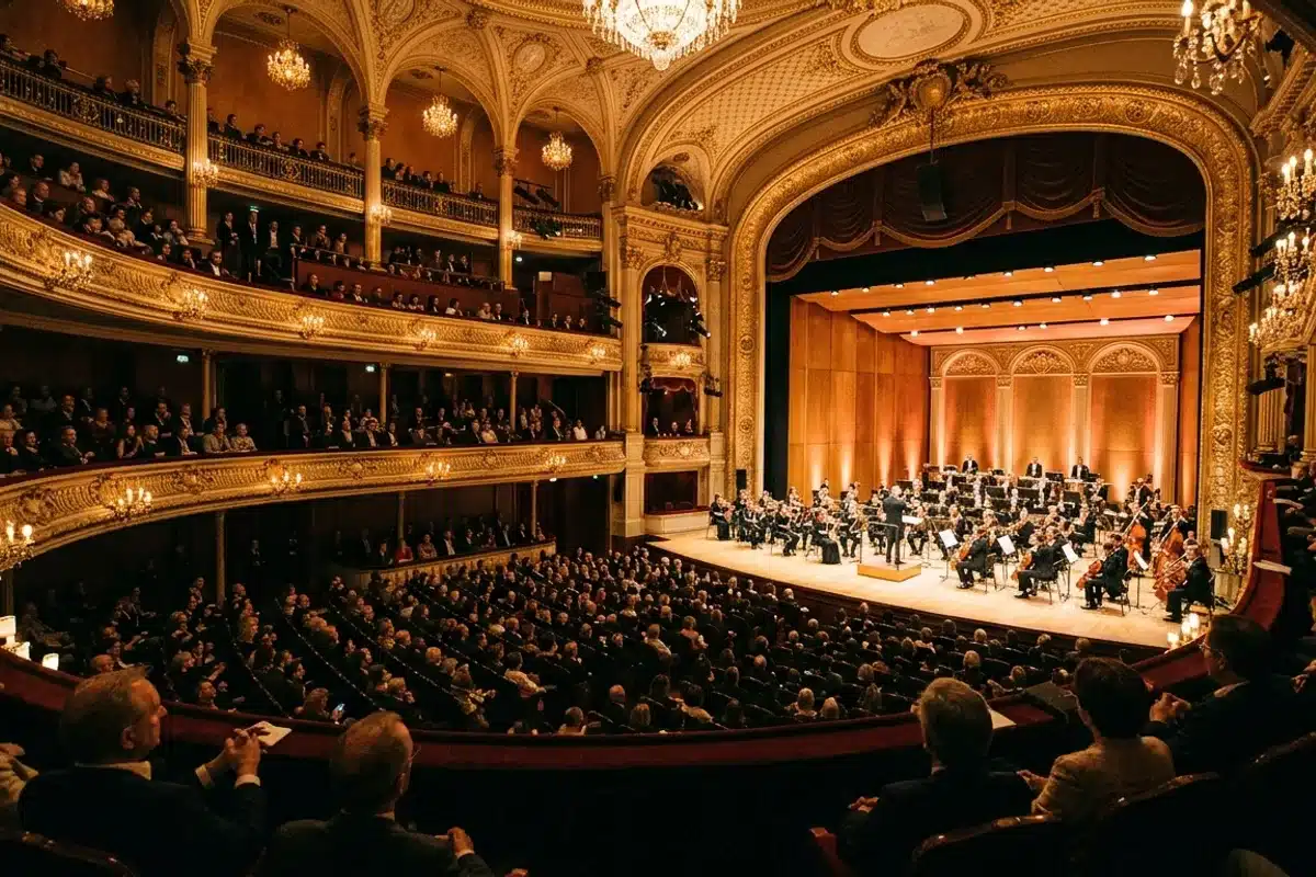 Salle de concert parisienne Intérieur d'une salle de concert parisienne avec public et scène éclairée