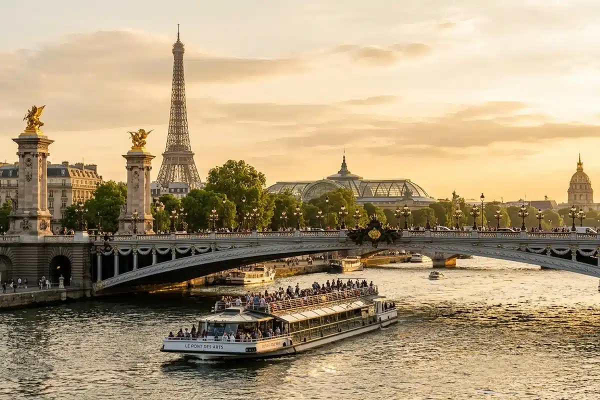 La Seine à Paris avec un pont en pierre et un bateau-mouche en fin de journée