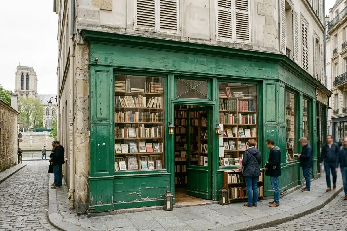 Librairie Shakespeare and Company, rive gauche Paris Façade verte d'une librairie ancienne à Paris, livres en vitrine, ruelle pavée, cathédrale en arrière-plan
