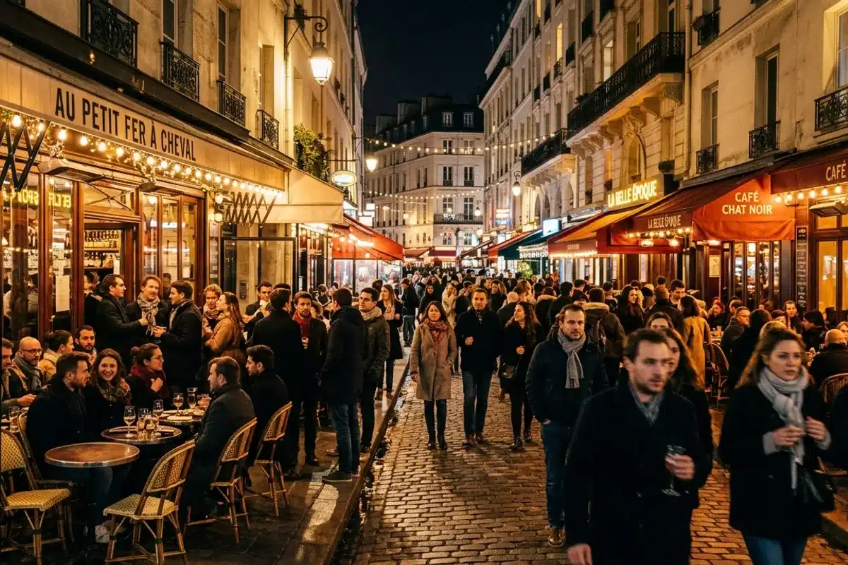 Rue animée d'un quartier festif de Paris la nuit avec bars éclairés