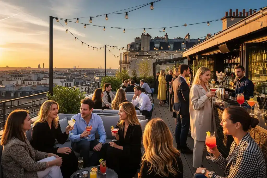 Sortir à Paris, terrasse rooftop animée au coucher du soleil avec vue sur les toits