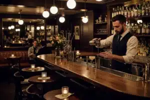 Speakeasy à Paris, bar caché à l'éclairage tamisé avec barman préparant un cocktail