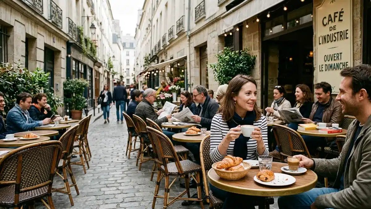 Terrasse de café parisien dans le Marais un dimanche matin, chaises en osier et café-croissant