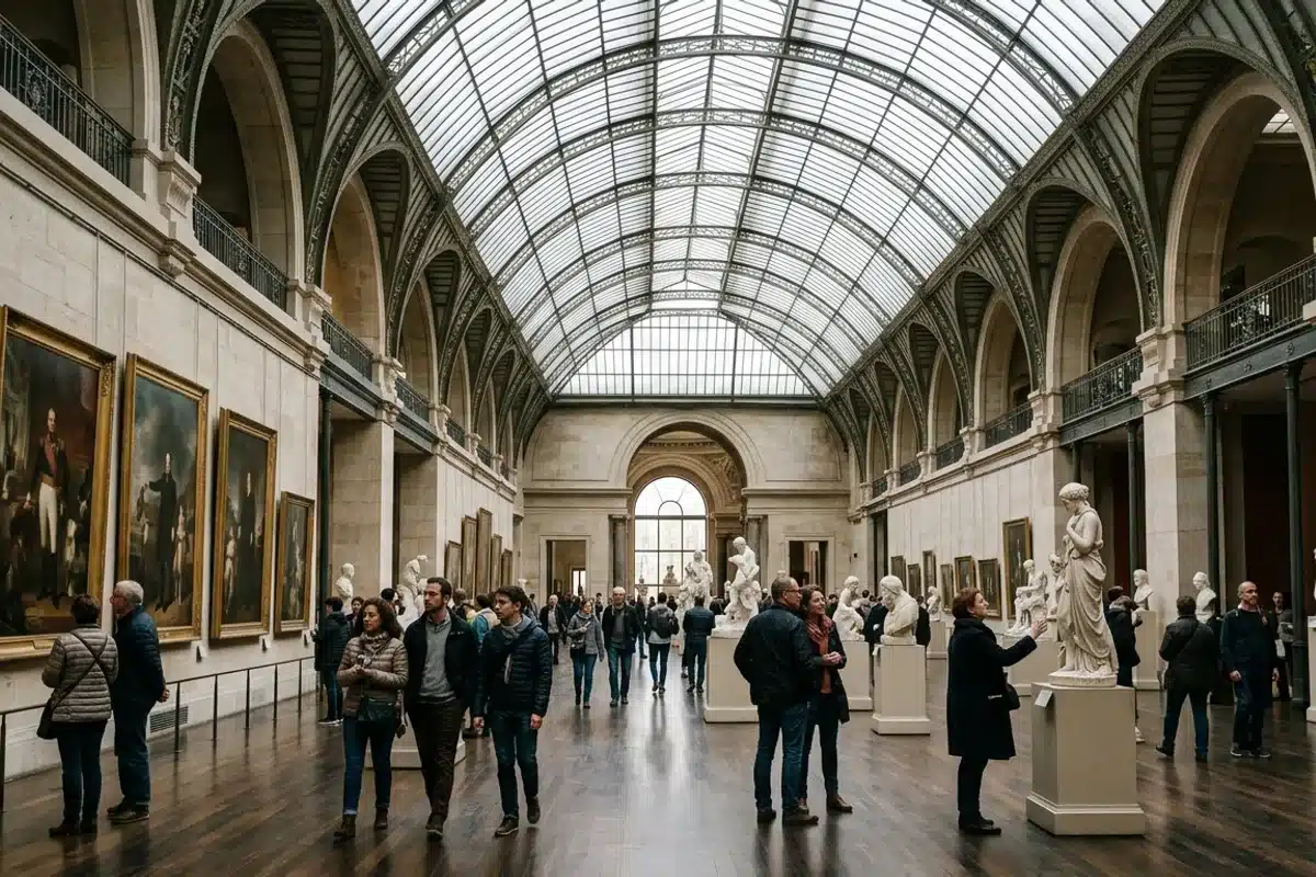 Visite d'un musée à Paris Visiteurs dans une salle de musée parisien devant des oeuvres d'art, lumière naturelle
