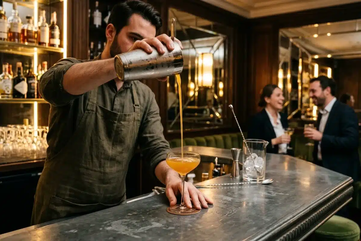 Barman préparant un cocktail au comptoir en afterwork Barman versant un cocktail du shaker dans une coupe au comptoir en zinc d'un bar parisien, clients en tenue de bureau en arrière-plan