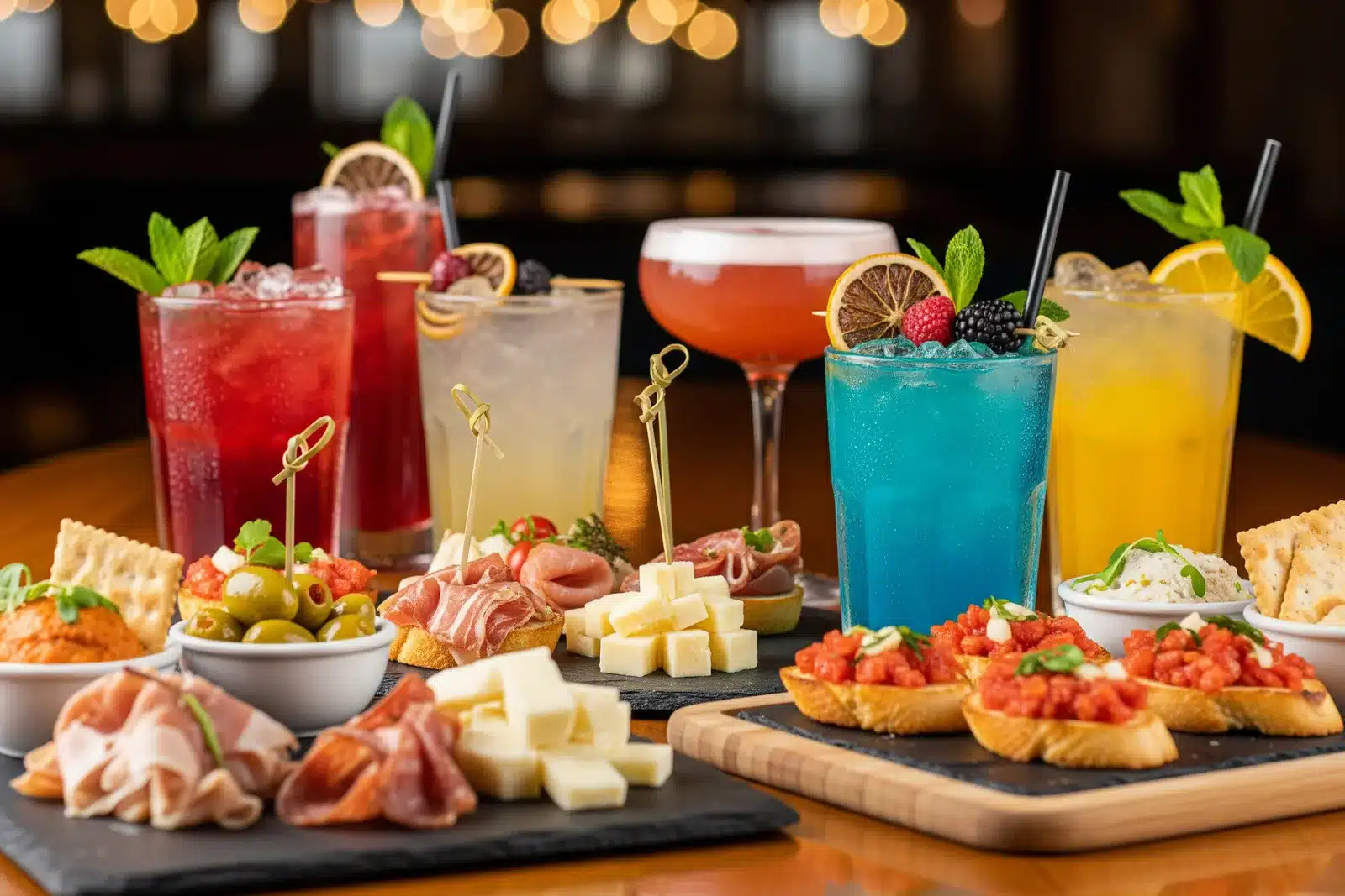 Cocktails et planches à partager en happy hour Cocktails colorés et planches de tapas et charcuterie posés sur une table de bar en happy hour