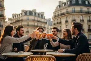 Groupe de jeunes actifs trinquant avec des bières et cocktails à la terrasse d'un café parisien