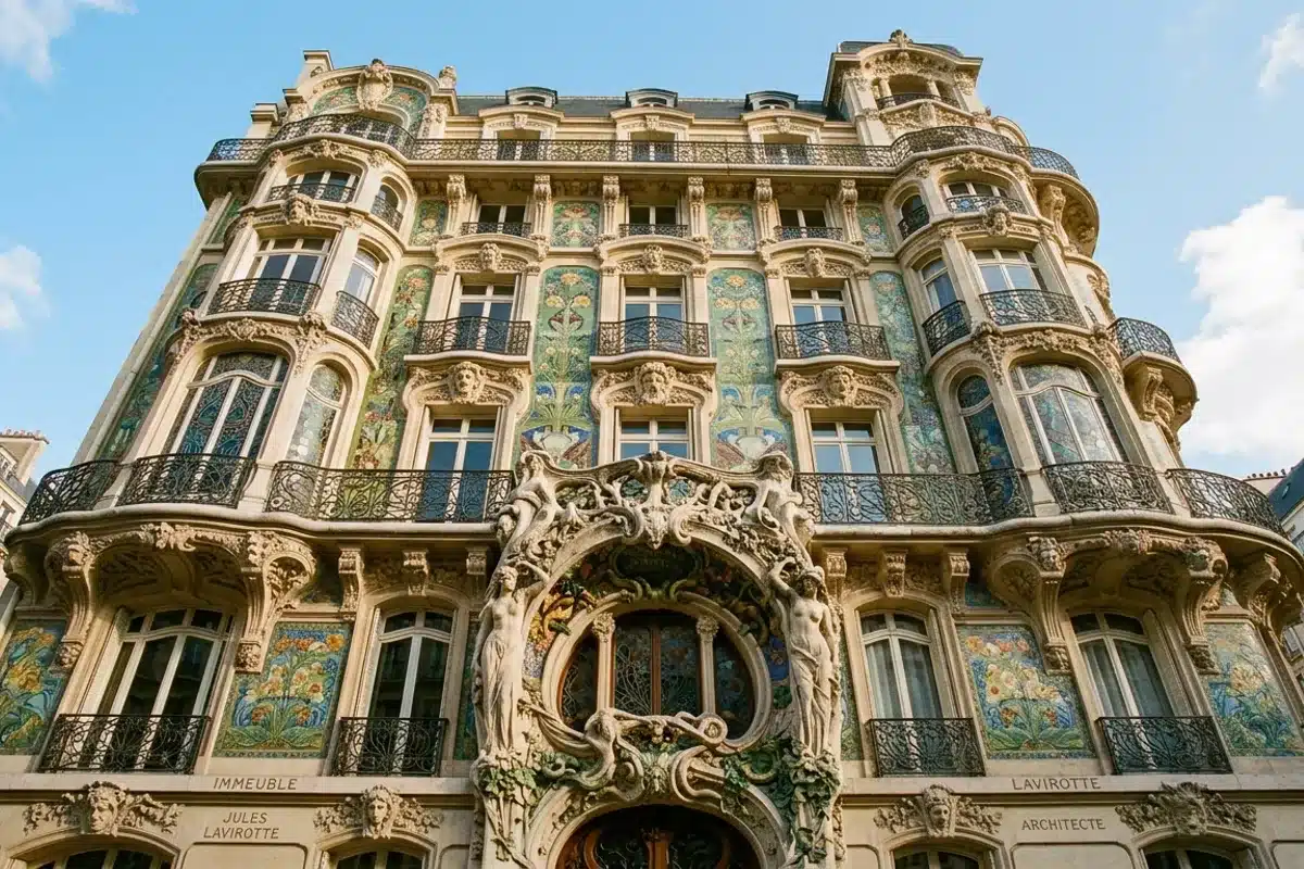 Immeuble Art Nouveau parisien avec décorations florales en céramique colorée et balcons sculptés
