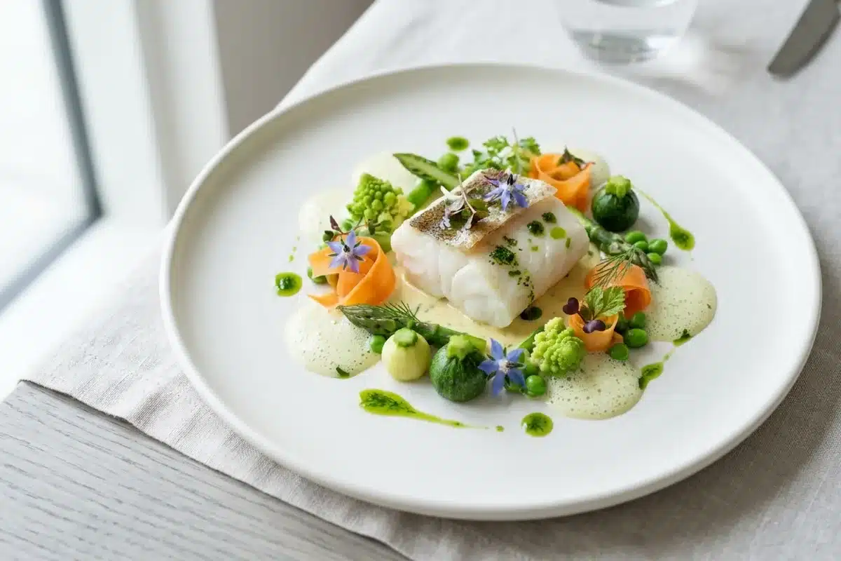 Assiette de haute cuisine dressée sur une assiette blanche, poisson, légumes verts et fleurs comestibles