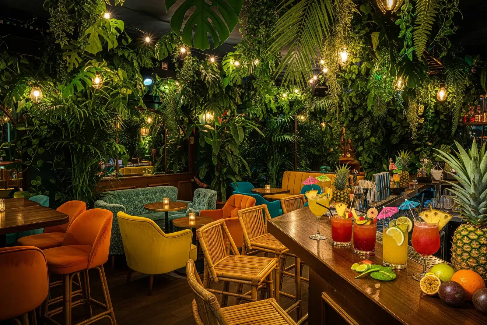 Bar à thème tropical à Paris, décor végétal luxuriant et cocktails exotiques colorés