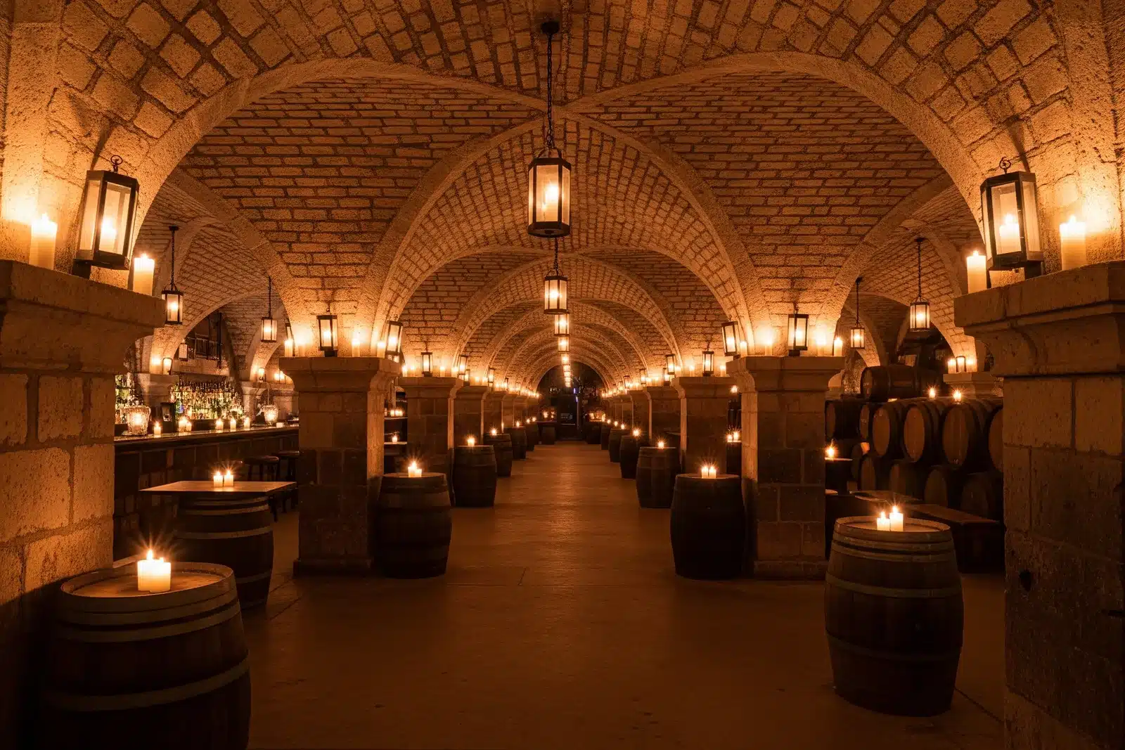 Bar installé dans une cave voûtée en pierre ancienne éclairée à la bougie, avec tonneaux
