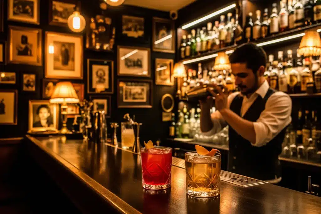 Bar à cocktails intimiste de Paris de style speakeasy avec barman et cocktails sur le comptoir
