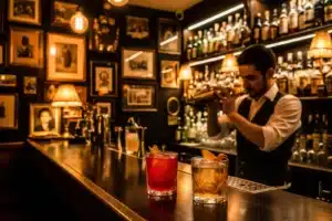 Bar à cocktails intimiste de Paris de style speakeasy avec barman et cocktails sur le comptoir