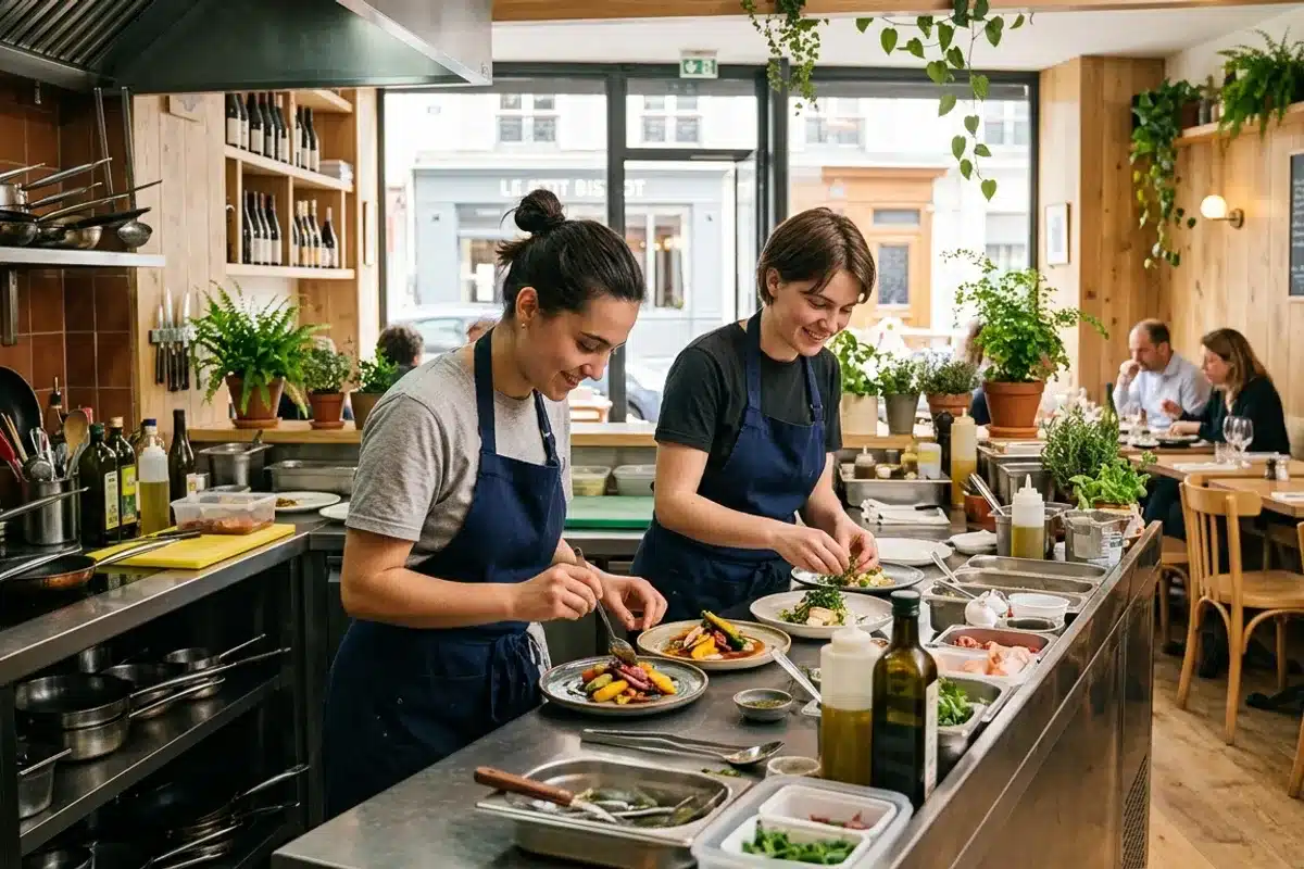 Deux cuisiniers en tablier dressent des assiettes dans la cuisine ouverte d'un bistrot parisien