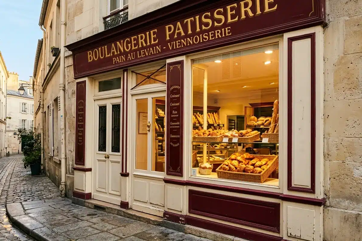 Façade d'une boulangerie artisanale parisienne avec croissants dorés en vitrine au lever du jour