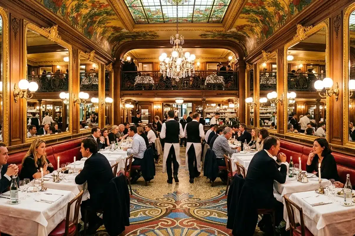 Intérieur d'une brasserie parisienne Belle Époque, banquettes rouges, miroirs dorés et convives attablés