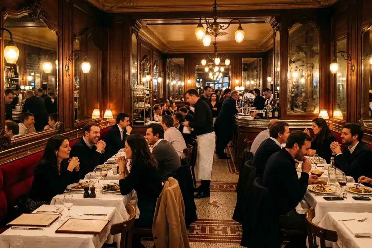 Intérieur brasserie historique Montmartre Salle animée d'une brasserie historique à Montmartre, miroirs dorés et boiseries sombres, service en soirée
