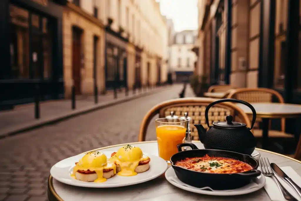 Brunch en terrasse dans le Marais : oeufs Benedict, shakshuka, jus d'orange et ruelle pavée en arrière-plan