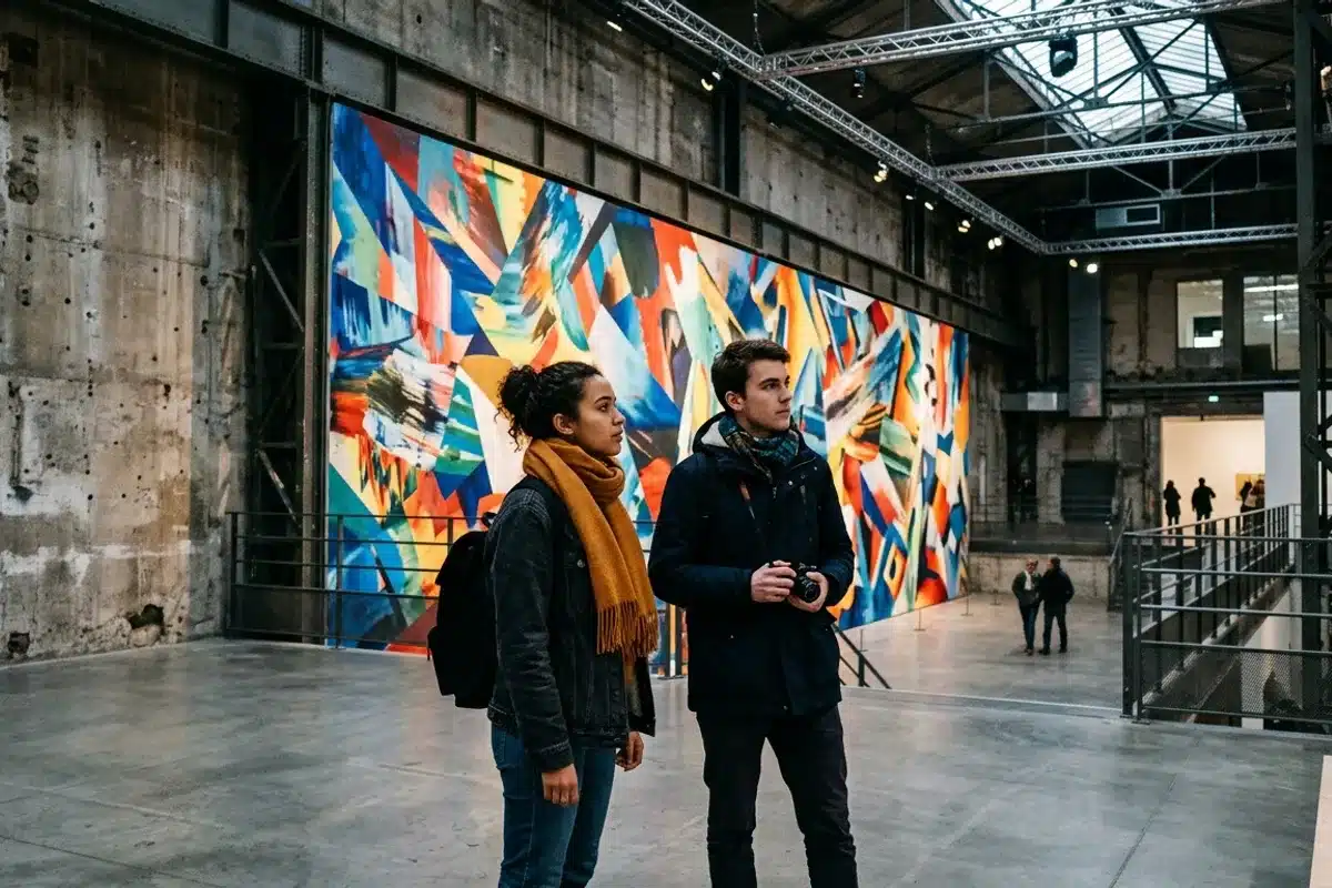 Centre d art contemporain parisien, espace industriel reconverti Deux visiteurs dans un vaste centre d art contemporain parisien, devant une grande murale colorée sur béton brut