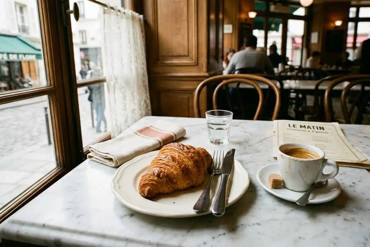 Croissant doré et espresso sur table en marbre dans un café parisien le matin
