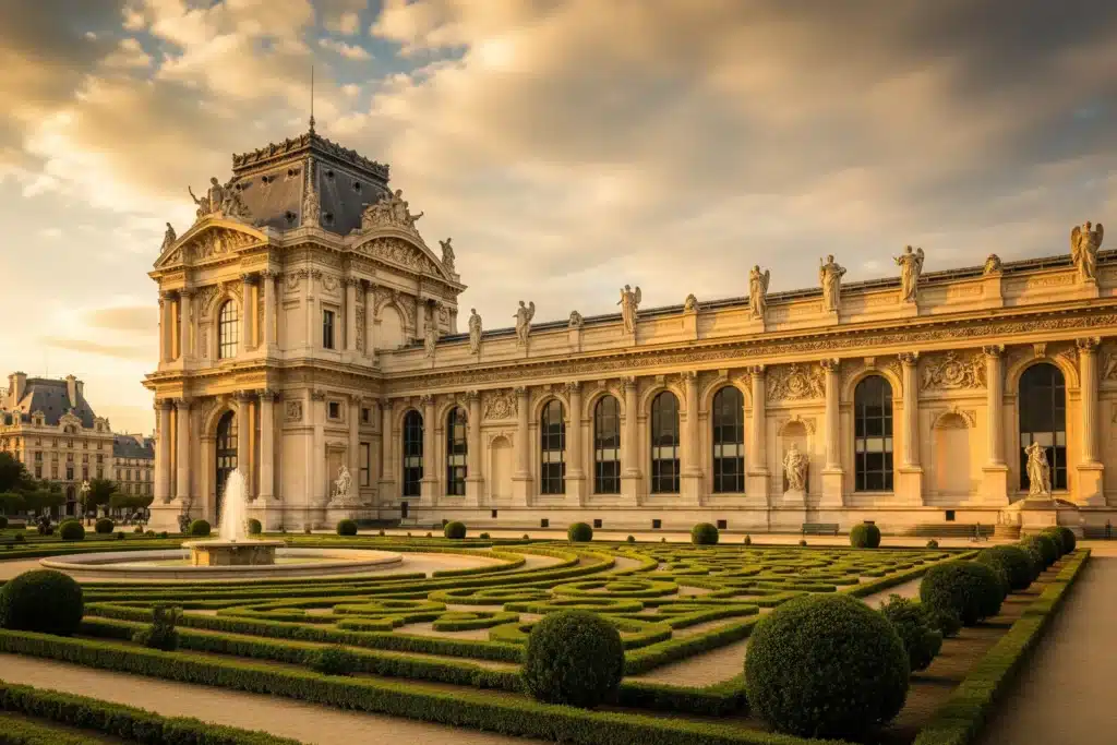 Façade d un musée parisien classique au coucher du soleil, lumière dorée sur les colonnes en pierre