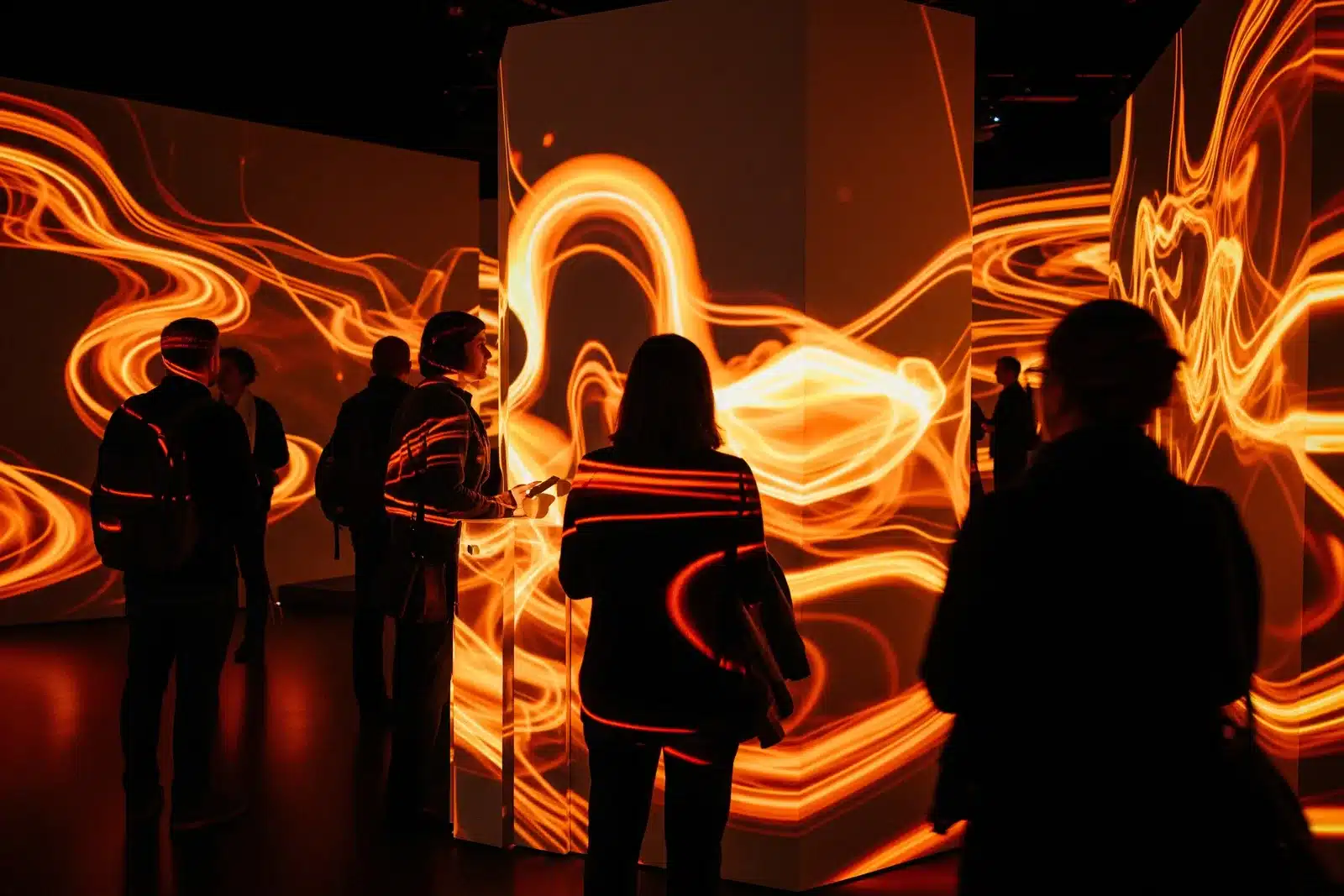Projections immersives aux tons chauds Visiteurs immergés dans des projections lumineuses orange et or dans une exposition immersive parisienne