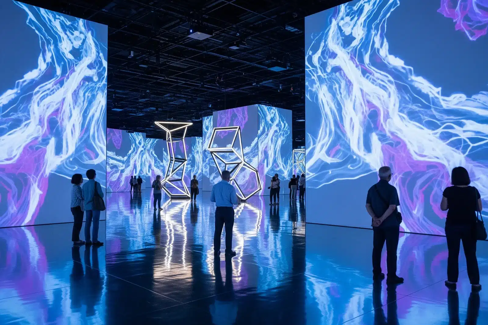 Espace numérique immersif aux tons froids Espace d'exposition immersive à Paris avec projections bleues et violettes et sol réfléchissant