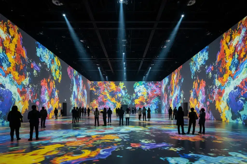 Salle d'exposition immersive à Paris avec projections colorées et visiteurs en silhouette