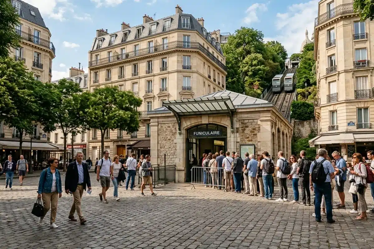 Entrée de la gare basse du funiculaire de Montmartre Place Suzanne-Valadon devant l'entrée du funiculaire de Montmartre, touristes, immeubles haussmanniens, Paris 18e
