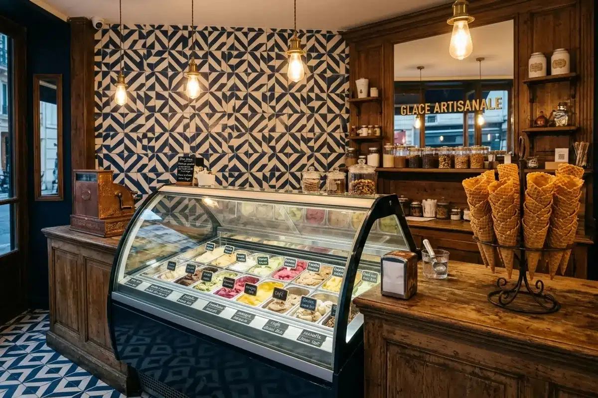 Glacier artisanal Paris, vitrine et bacs de glaces Vitrine réfrigérée d'un glacier artisanal parisien avec bacs de glaces colorées et carreaux de ciment