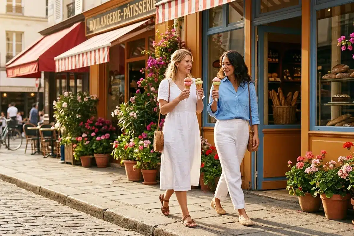 Glacier artisanal Paris, promenade estivale Deux femmes dégustant des glaces artisanales sur un trottoir parisien ensoleillé en été